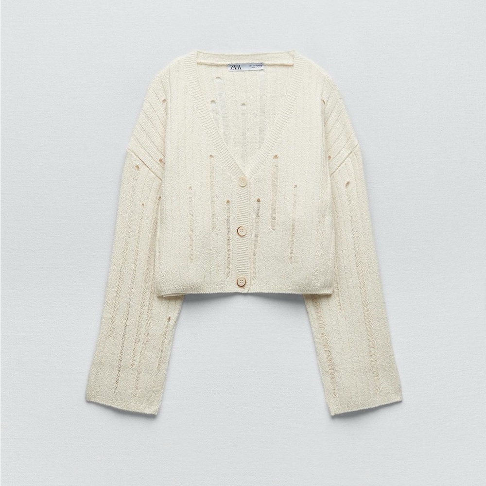 NWT ZARA Cream Knit Button-Up Sweater - Picture 2 of 5